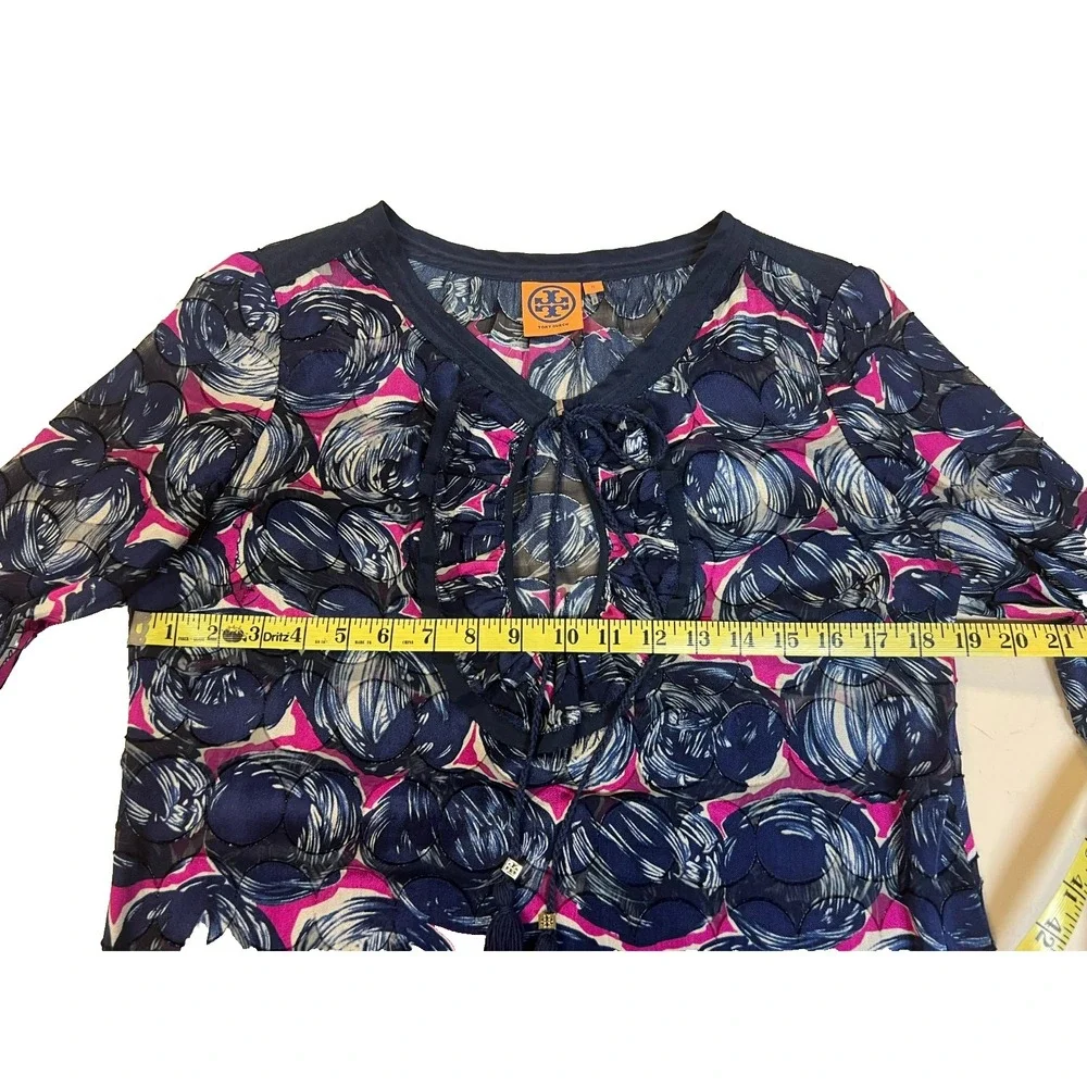 Tory Burch‎ Silk Blend Tunic Top Navy + Orchid Circle Print Keyhole Neck SZ S